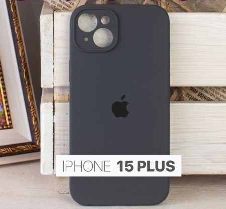 Силиконовый чехол для iPhone 15 Plus с закрытой камерой темно-серый