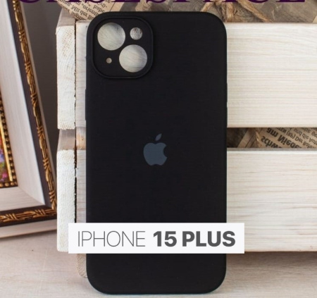 Силиконовый чехол для iPhone 15 Plus с закрытой камерой черный