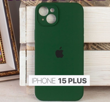Силиконовый чехол для iPhone 15 Plus с закрытой камерой темно-зеленый